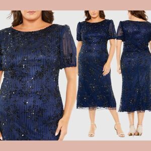 NWT Mac Duggal [ 18W ] 5940 High‎ Neck Puff Sleeve Embellished Dress Blue